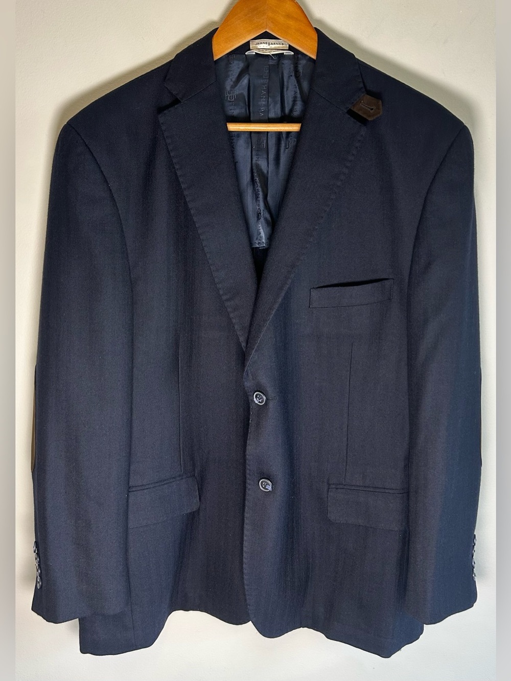 Jhane Barnes Woven Wool Blazer Sport Coat Mens 44R Navy Blue Elbow Pads Moores